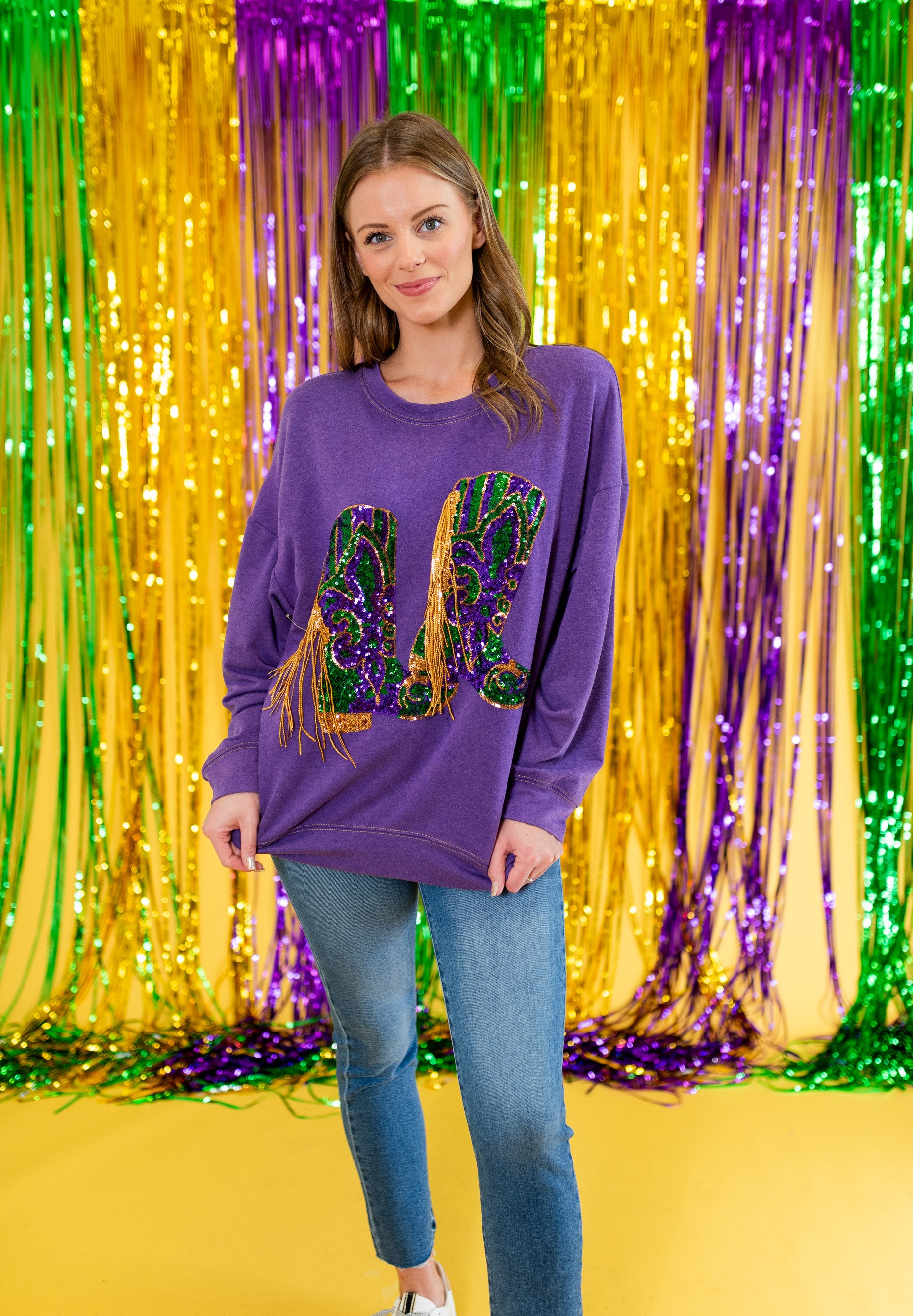 Neon Green Mardi Gras Fringe Boot Sweatshirt- Women's Adult Medium