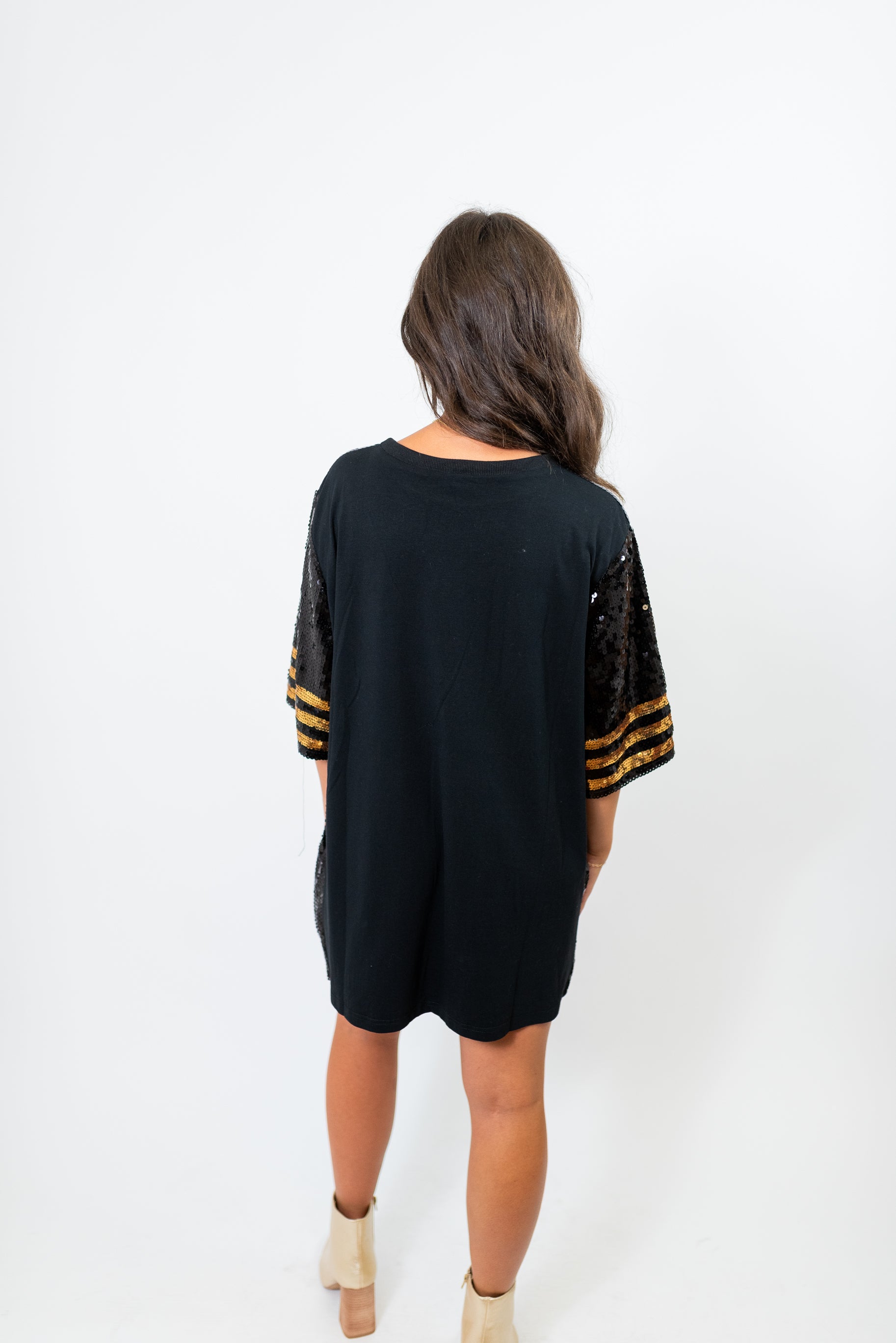 FOOTBALL HELMET SEQUIN DRESS/TUNIC/TOP - BLACK/GOLD