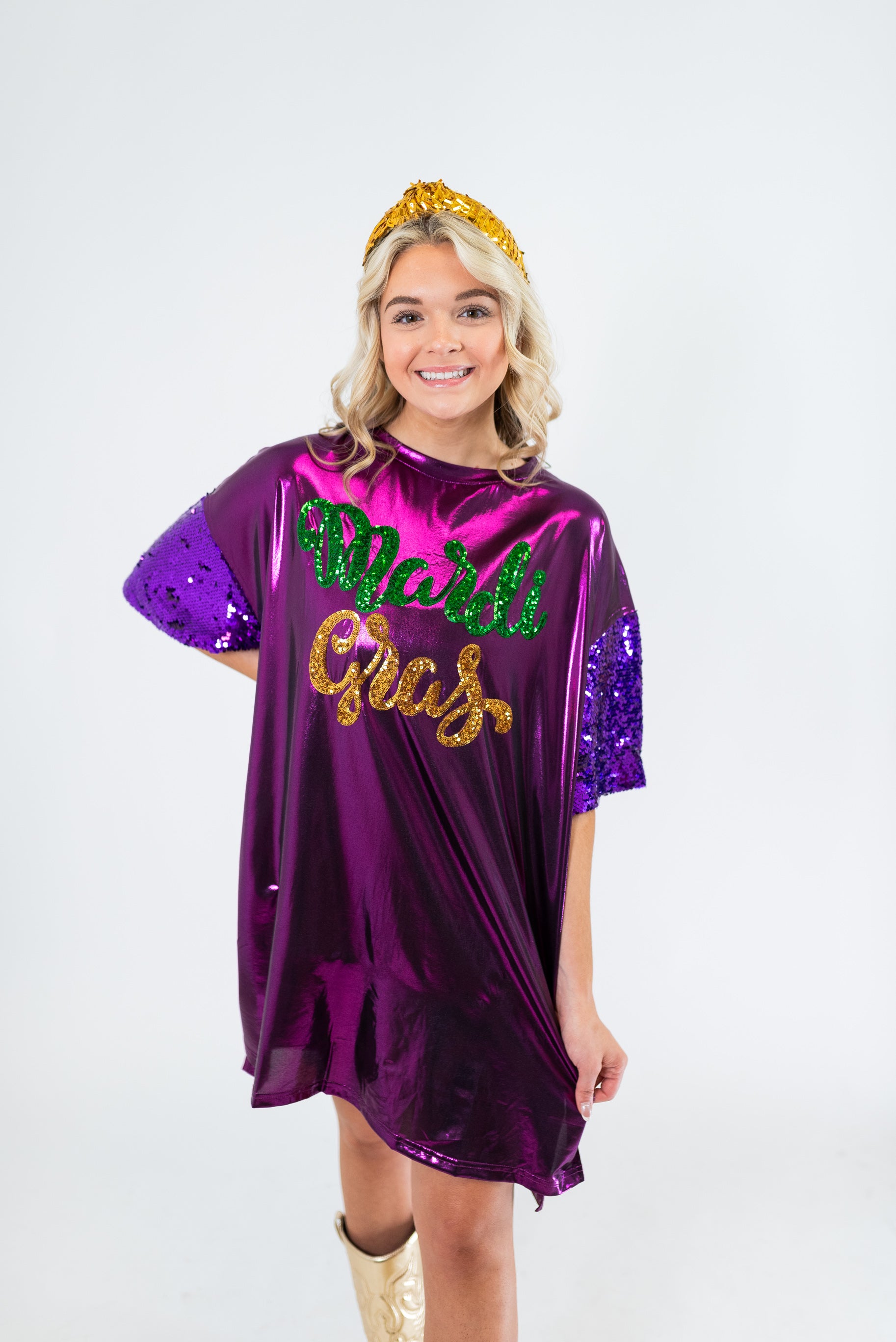 Short Sleeve Metallic Mardi Gras Dress with Sequin Sleeves - Purple –  Obsession Boutique