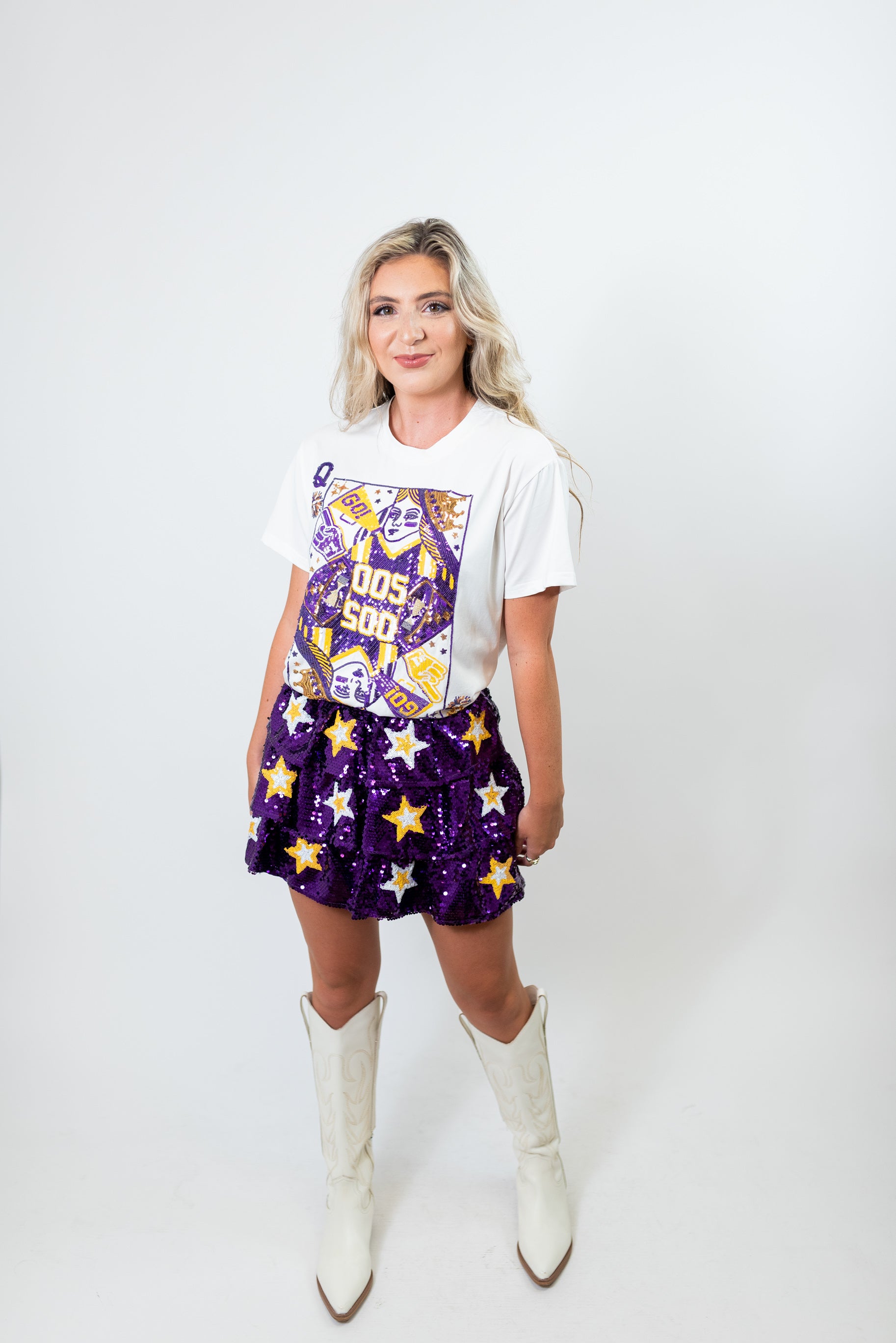 Queen of Sparkles White Purple and Yellow Queen Romper - Material